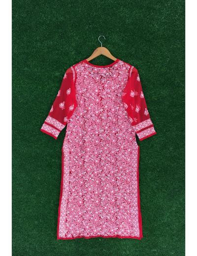 Chhangamal Hand Embroidered Red Colour Georgette Chikankari Kurti Piece
