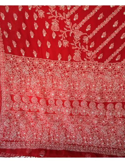 Chhangamal Hand Embroidered Red Colour Georgette Chikankari Saree