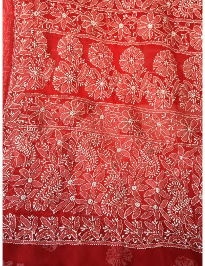 Chhangamal Hand Embroidered Red Colour Georgette Chikankari Saree