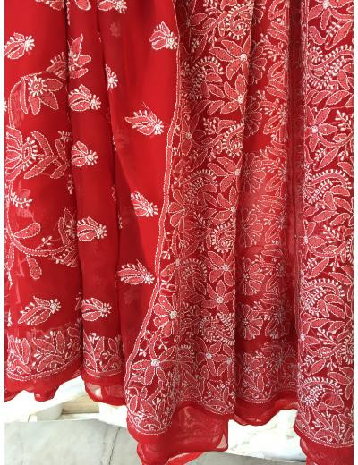 Chhangamal Hand Embroidered Red Colour Georgette Chikankari Saree