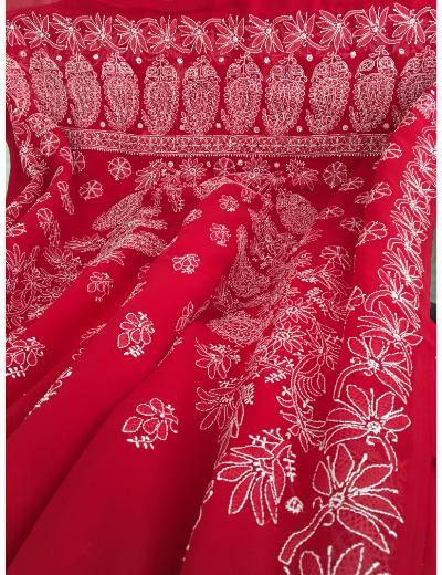 Chhangamal Hand Embroidered Red Colour Georgette Chikankari Saree