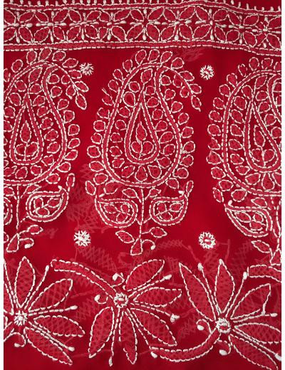 Chhangamal Hand Embroidered Red Colour Georgette Chikankari Saree