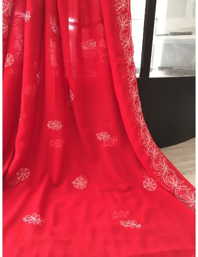Chhangamal Hand Embroidered Red Colour Georgette Chikankari Saree