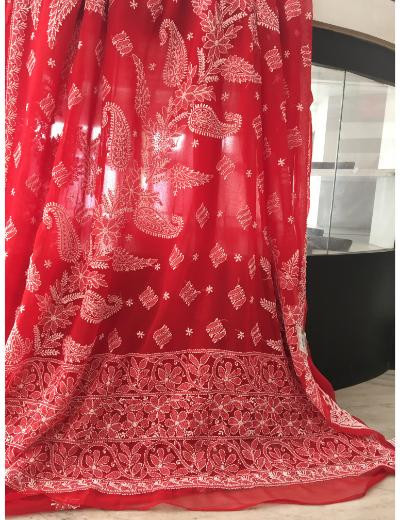 Chhangamal Hand Embroidered Red Colour Georgette Chikankari Saree