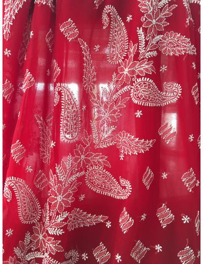 Chhangamal Hand Embroidered Red Colour Georgette Chikankari Saree
