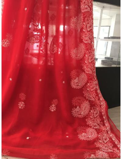 Chhangamal Hand Embroidered Red Colour Georgette Chikankari Saree