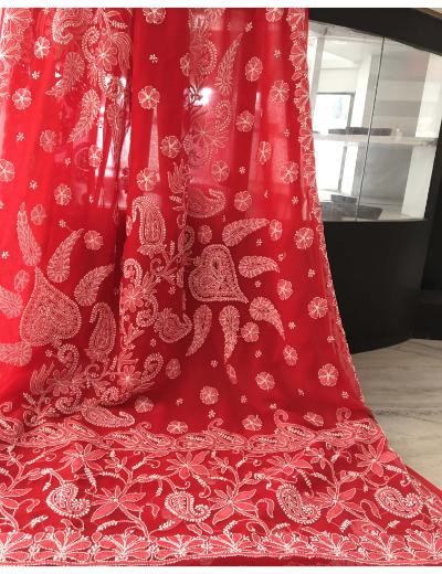 Chhangamal Hand Embroidered Red Colour Georgette Chikankari Saree