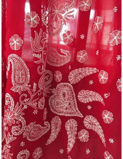 Chhangamal Hand Embroidered Red Colour Georgette Chikankari Saree