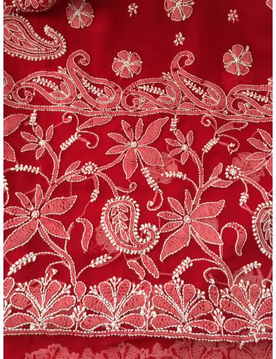 Chhangamal Hand Embroidered Red Colour Georgette Chikankari Saree