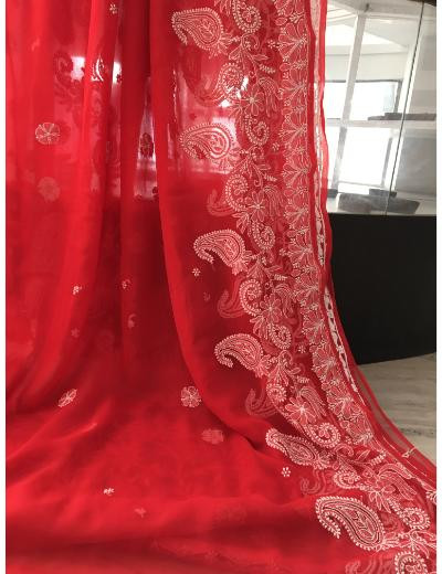 Chhangamal Hand Embroidered Red Colour Georgette Chikankari Saree