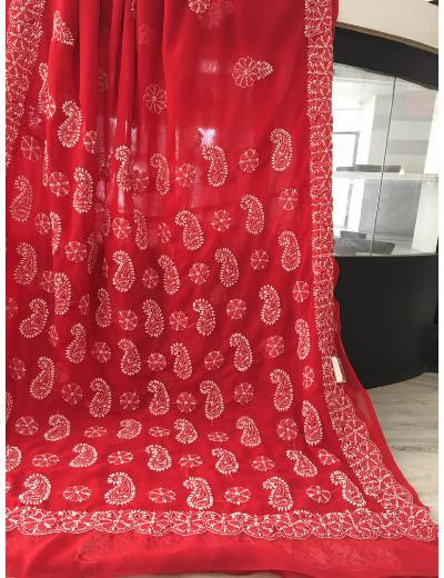 Chhangamal Hand Embroidered Red Colour Georgette Chikankari Saree
