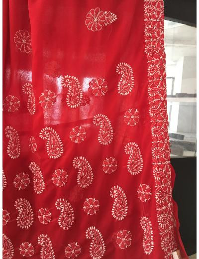 Chhangamal Hand Embroidered Red Colour Georgette Chikankari Saree