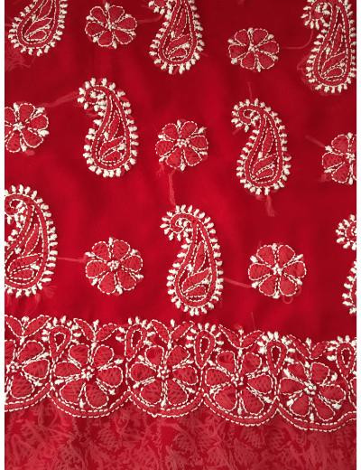 Chhangamal Hand Embroidered Red Colour Georgette Chikankari Saree
