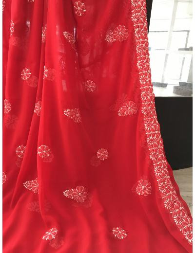 Chhangamal Hand Embroidered Red Colour Georgette Chikankari Saree