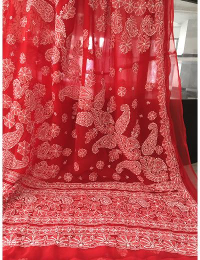 Chhangamal Hand Embroidered Red Colour Georgette Chikankari Saree