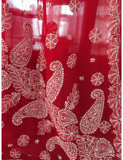 Chhangamal Hand Embroidered Red Colour Georgette Chikankari Saree