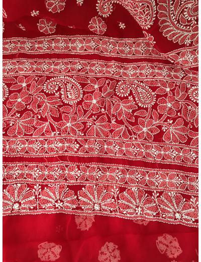 Chhangamal Hand Embroidered Red Colour Georgette Chikankari Saree