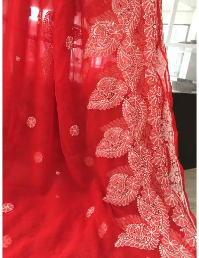 Chhangamal Hand Embroidered Red Colour Georgette Chikankari Saree
