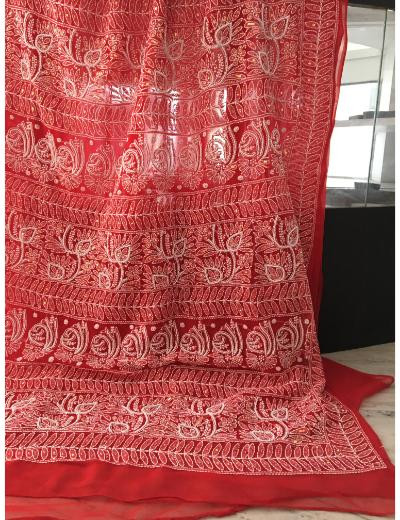 Chhangamal Hand Embroidered Red Colour Georgette Chikankari Saree
