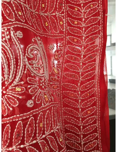 Chhangamal Hand Embroidered Red Colour Georgette Chikankari Saree