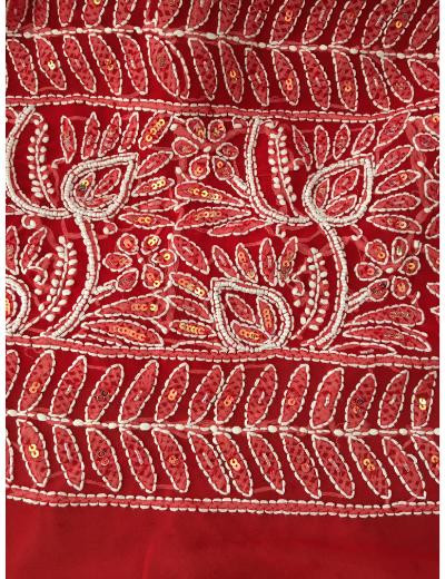 Chhangamal Hand Embroidered Red Colour Georgette Chikankari Saree