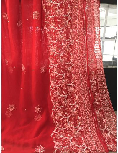 Chhangamal Hand Embroidered Red Colour Georgette Chikankari Saree