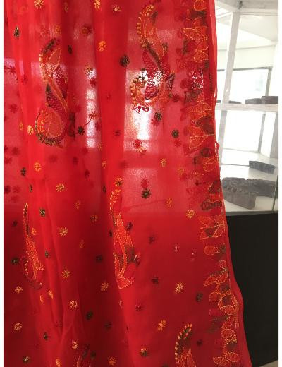 Chhangamal Hand Embroidered Red Colour Georgette Chikankari Saree