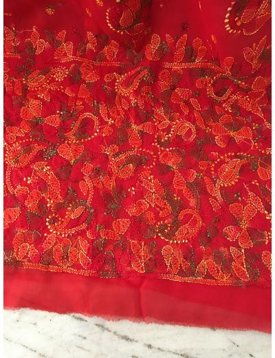 Chhangamal Hand Embroidered Red Colour Georgette Chikankari Saree