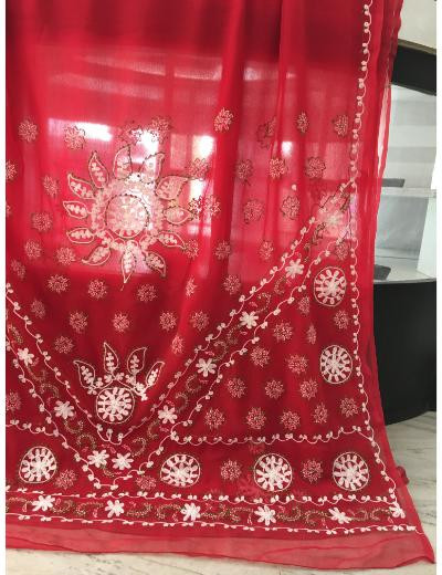 Chhangamal Hand Embroidered Red Colour Georgette Chikankari Saree