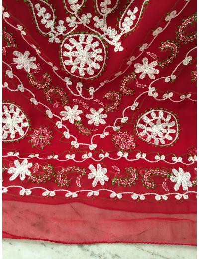 Chhangamal Hand Embroidered Red Colour Georgette Chikankari Saree