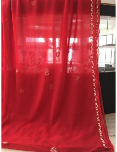 Chhangamal Hand Embroidered Red Colour Georgette Chikankari Saree