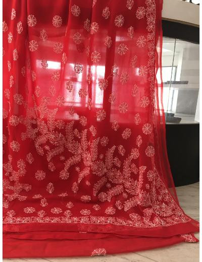 Chhangamal Hand Embroidered Red Colour Georgette Chikankari Saree