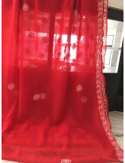 Chhangamal Hand Embroidered Red Colour Georgette Chikankari Saree