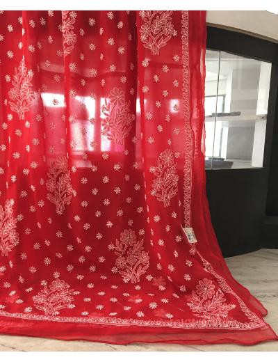 Chhangamal Hand Embroidered Red Colour Georgette Chikankari Saree