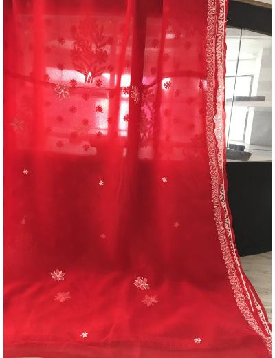 Chhangamal Hand Embroidered Red Colour Georgette Chikankari Saree
