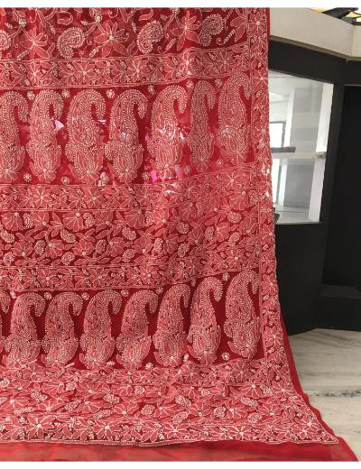Chhangamal Hand Embroidered Red Colour Georgette Chikankari Saree