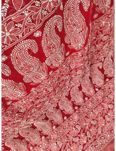 Chhangamal Hand Embroidered Red Colour Georgette Chikankari Saree