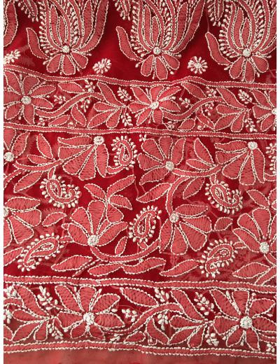 Chhangamal Hand Embroidered Red Colour Georgette Chikankari Saree