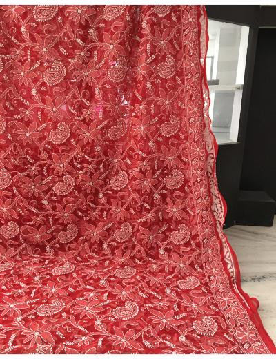 Chhangamal Hand Embroidered Red Colour Georgette Chikankari Saree