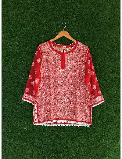 Chhangamal Hand Embroidered Red Colour Georgette Chikankari Top