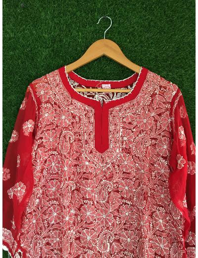Chhangamal Hand Embroidered Red Colour Georgette Chikankari Top