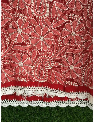 Chhangamal Hand Embroidered Red Colour Georgette Chikankari Top