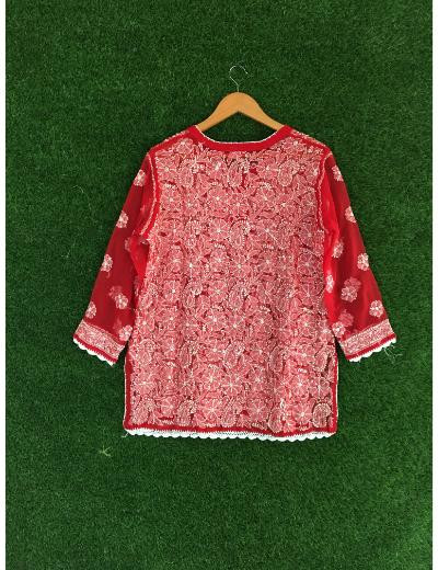 Chhangamal Hand Embroidered Red Colour Georgette Chikankari Top