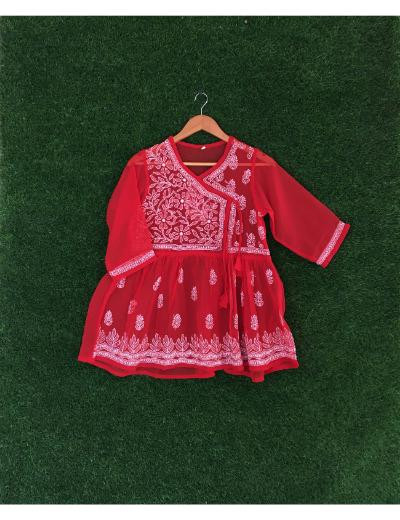 Chhangamal Hand Embroidered Red Colour Georgette Chikankari Top