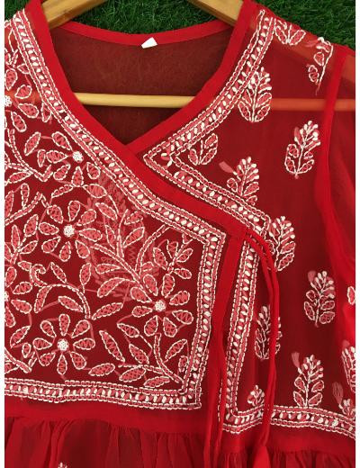 Chhangamal Hand Embroidered Red Colour Georgette Chikankari Top
