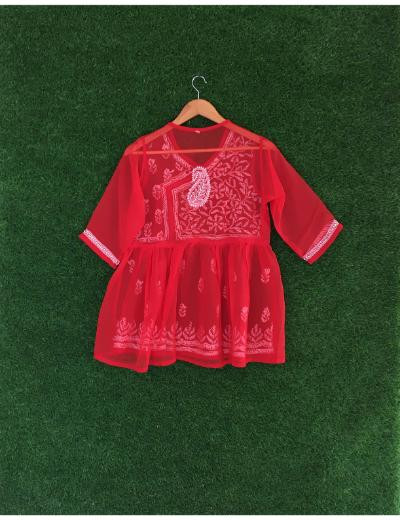 Chhangamal Hand Embroidered Red Colour Georgette Chikankari Top