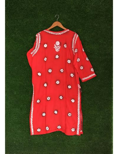 Chhangamal Hand Embroidered Red Colour Modal Chikankari Kurti