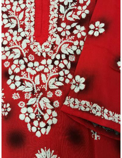 Chhangamal Hand Embroidered Red Colour Modal Chikankari Kurti