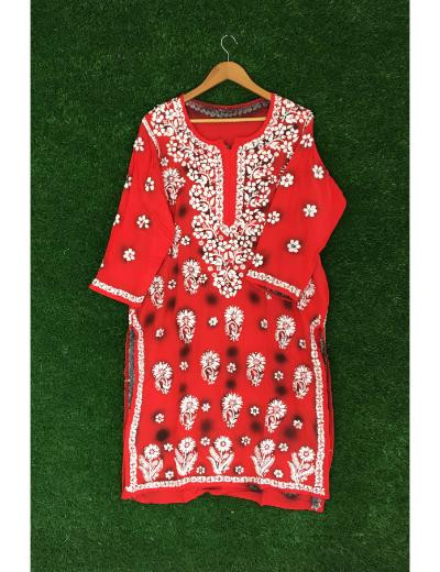 Chhangamal Hand Embroidered Red Colour Modal Chikankari Kurti