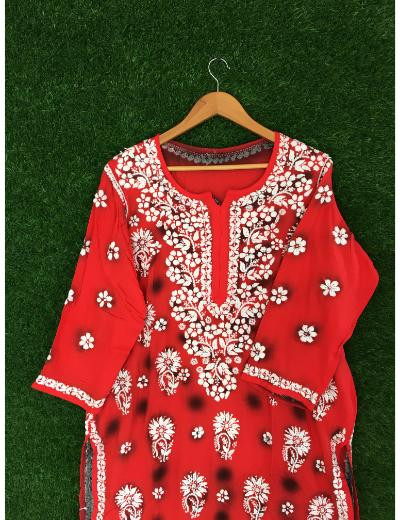 Chhangamal Hand Embroidered Red Colour Modal Chikankari Kurti